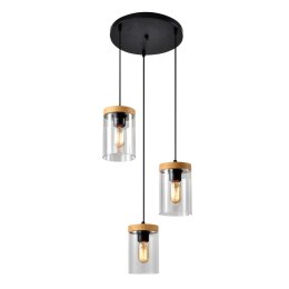 Lampa wiszaca WELS 3xE27 czarny+drewniany klosz dymiony Candellux 33-22011