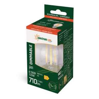 LED KULKA E-27 230V 5.5W COG BIAŁA CIEPŁA CLEAR ŚCIEMNIALNA SPECTRUM
